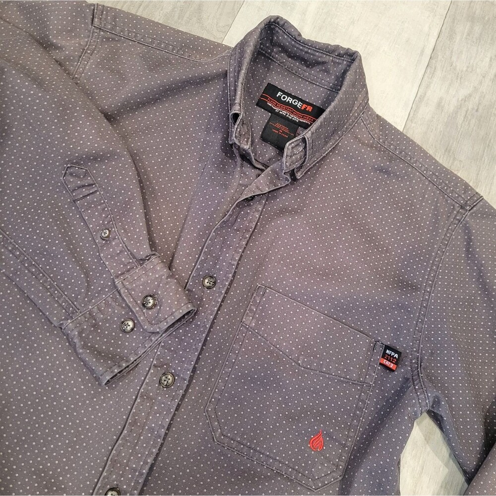 Forge FR Fire Resistant Heavyweight Work Shirt Mens M Gray Micro Dot Button Up
